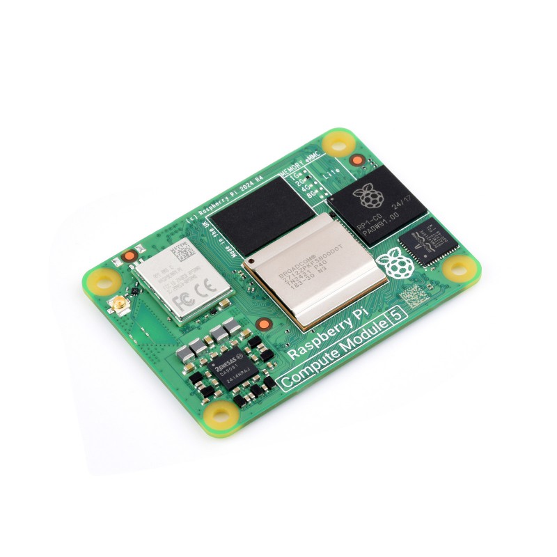 Raspberry Pi Compute Module 5 is a system on module (SoM) that delivers the power of Raspberry Pi 5 in a compact form factor, integrates a quad-core Arm Cortex-A76 processor, providing a variety of RAM and eMMC flash options, supports power circuitry and a rich set of interfaces.